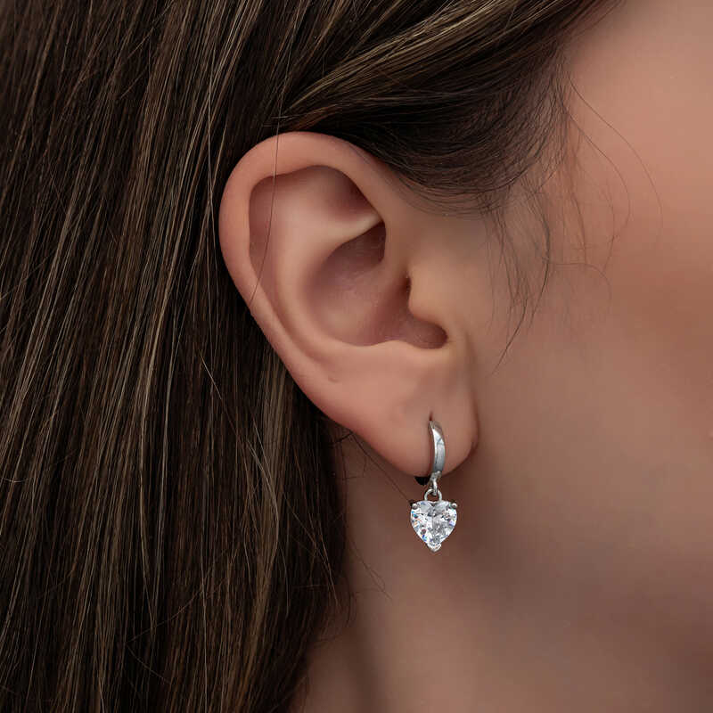 Hoop Dangle Earrings - Sterling Silver Heart Cut CZ Charm