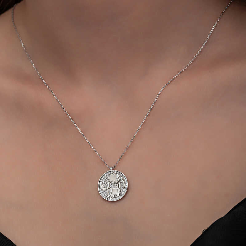 纯银幸运符项链 - 镶嵌锆石大象与四叶草设计