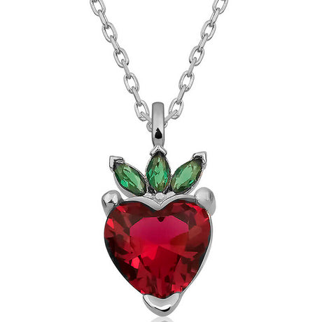 Sterling Silver Strawberry Heart Necklace - Ruby Red & Emerald Green