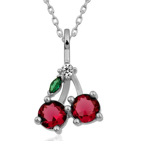 Sterling Silver Cherry Pendant Necklace - Ruby & Emerald Style