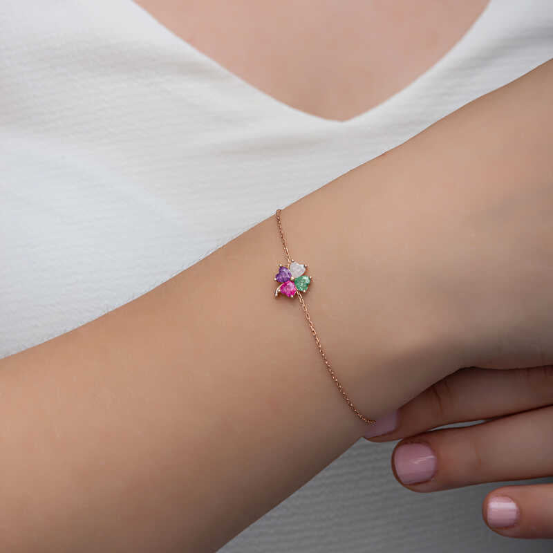 Rose Gold Plated Sterling Silver Multi-Stone Clover Bracelet