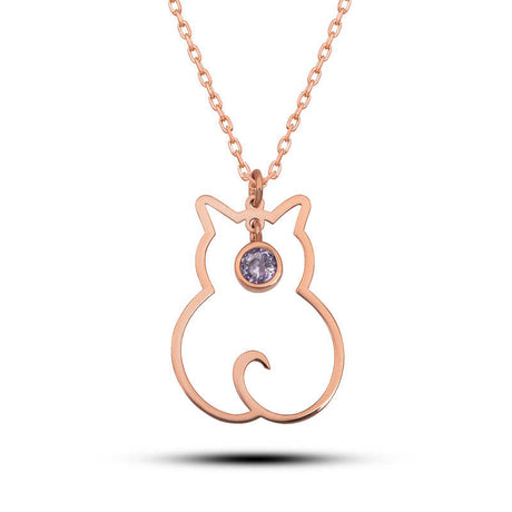 Rose Gold-Tone Cat Necklace - Dainty Purple Gemstone Charm for Her