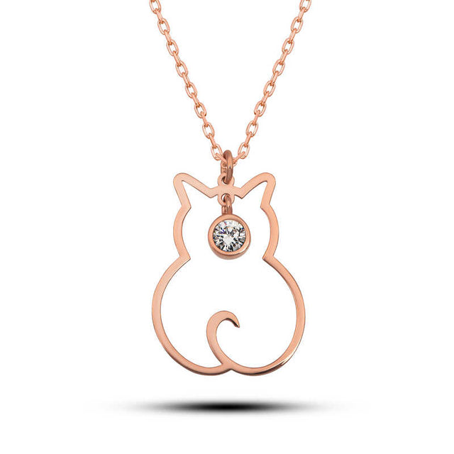 Necklace - Rose Gold Tone Sparkling Cubic Zirconia Cat Pendant