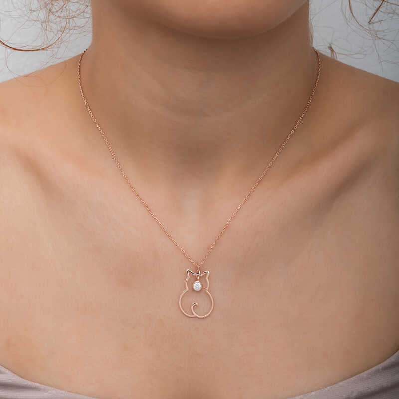 Necklace - Rose Gold Tone Sparkling Cubic Zirconia Cat Pendant