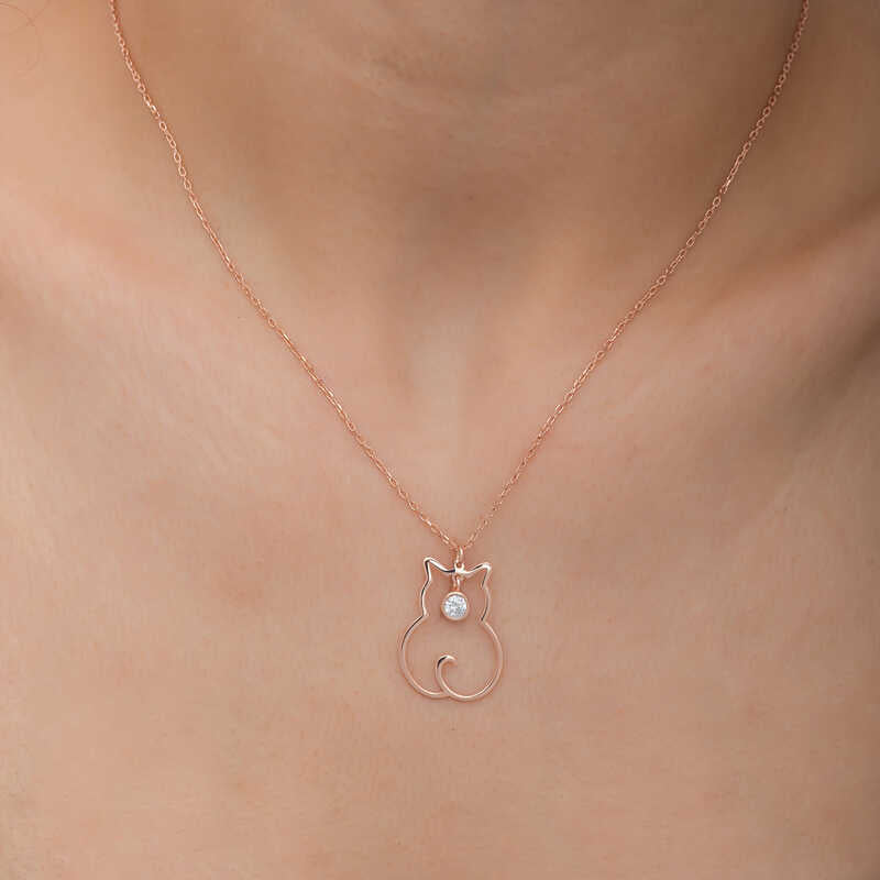 Necklace - Rose Gold Tone Sparkling Cubic Zirconia Cat Pendant