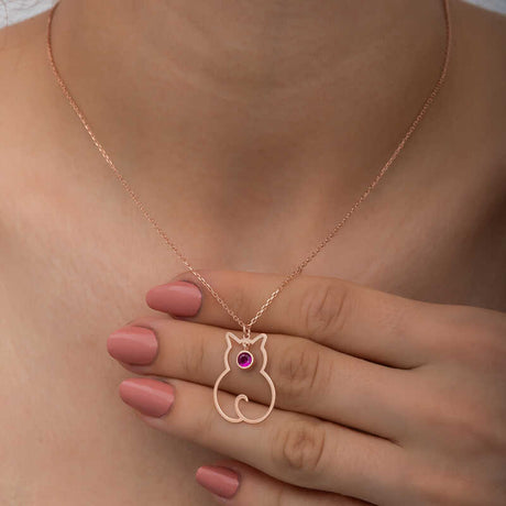 Necklace - Rose Gold Plated Ruby Cat Silhouette Pendant