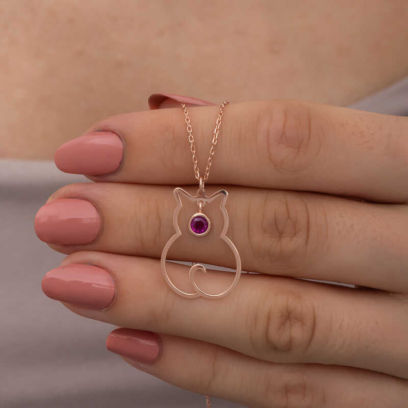 Necklace - Rose Gold Plated Ruby Cat Silhouette Pendant