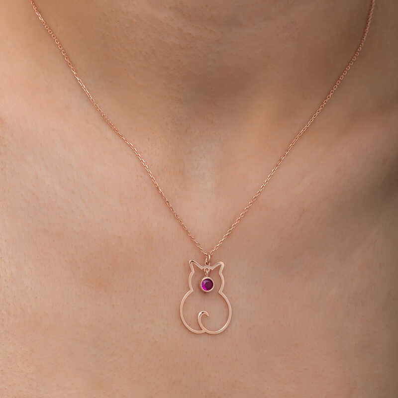 Necklace - Rose Gold Plated Ruby Cat Silhouette Pendant