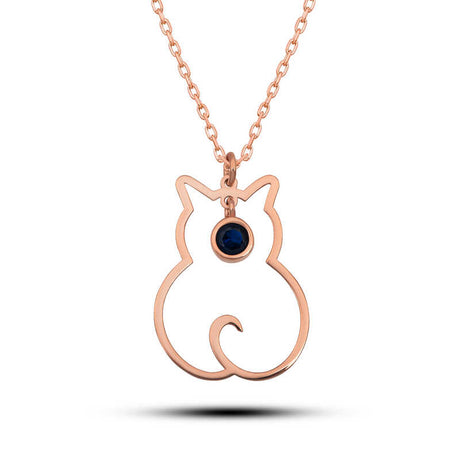 Necklace - Rose Gold Plated Silver Sapphire Cat Outline Pendant