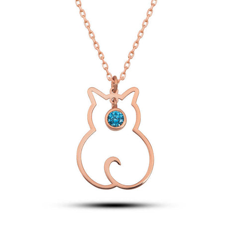 Rose Gold Plated Silver Cat Outline Necklace - Aquamarine Blue Gemstone