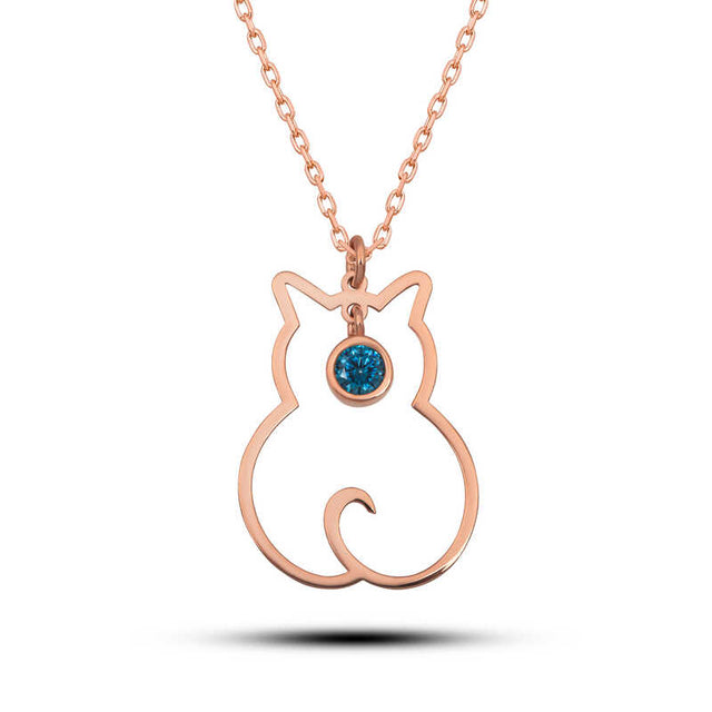 Rose Gold-Tone Cat Outline Necklace - Dainty Blue Gemstone Pendant