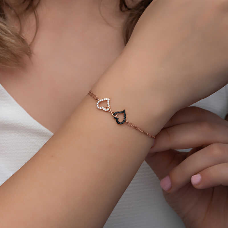 Rose Gold Plated Sterling Silver Interlocking Hearts Bracelet with Zirconia