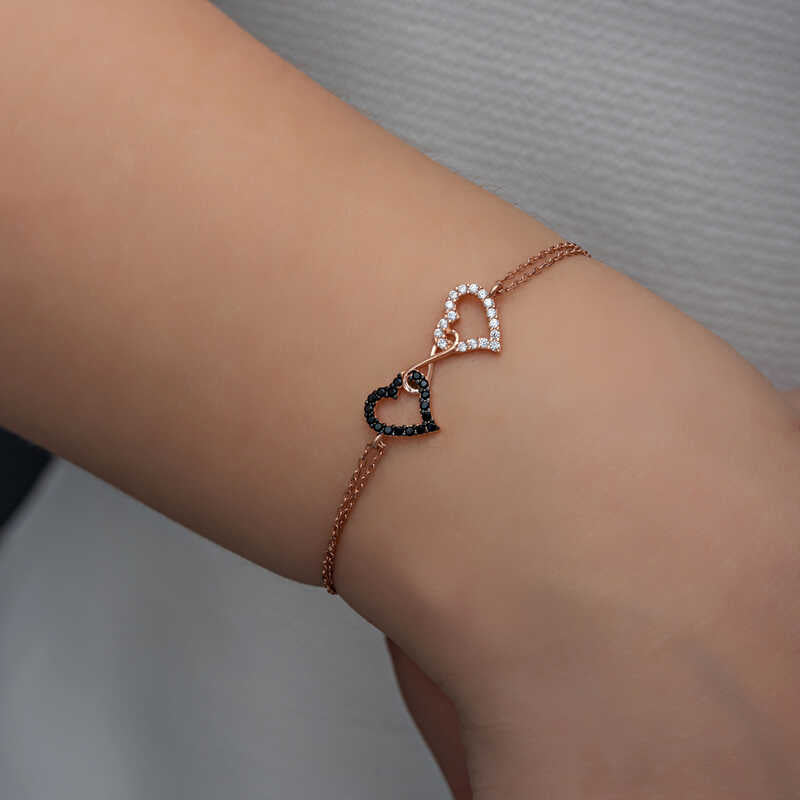 Rose Gold Plated Sterling Silver Interlocking Hearts Bracelet with Zirconia