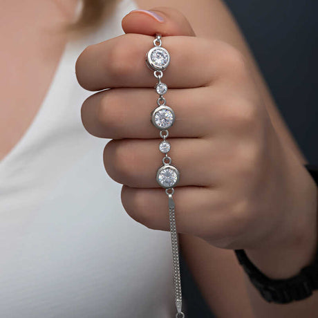 Sterling Silver Bracelet - Dainty Adjustable Bezel-Set Cubic Zirconia