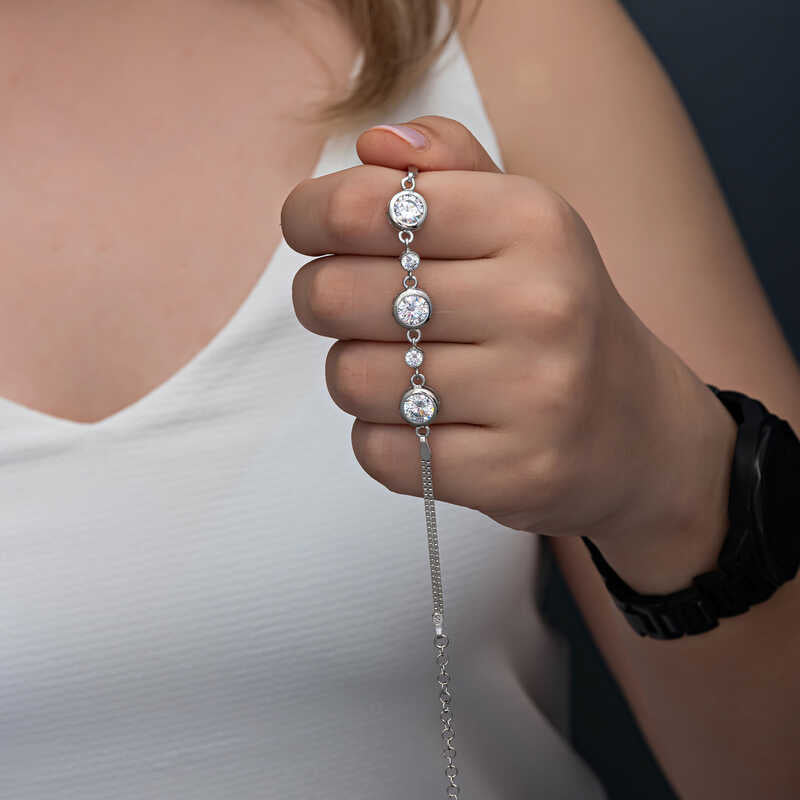Sterling Silver Bracelet - Dainty Adjustable Bezel-Set Cubic Zirconia