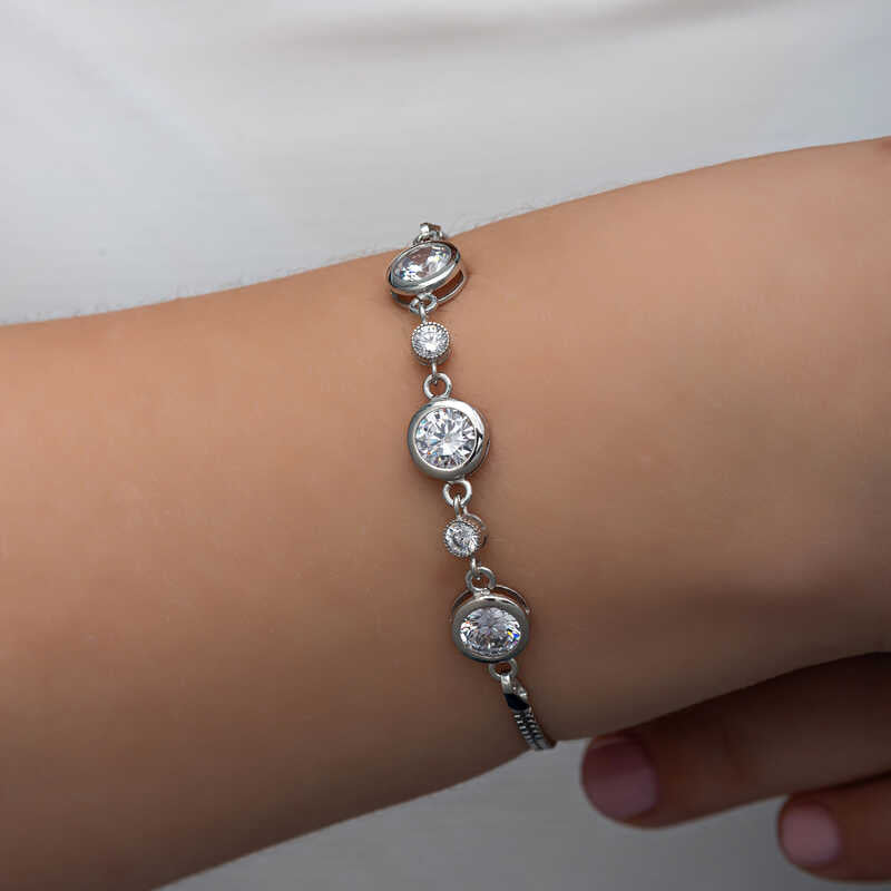 Sterling Silver Bracelet - Dainty Adjustable Bezel-Set Cubic Zirconia