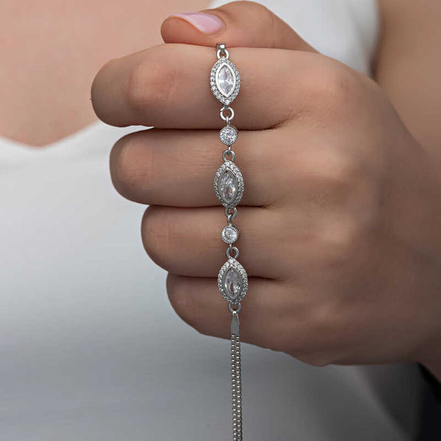 Sterling Silver Bracelet - Dazzling Zircon Marquise & Round Stones