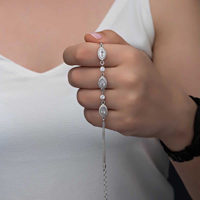 Sterling Silver Bracelet - Dazzling Zircon Marquise & Round Stones