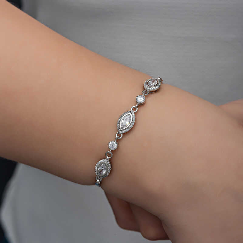 Sterling Silver Bracelet - Dazzling Zircon Marquise & Round Stones