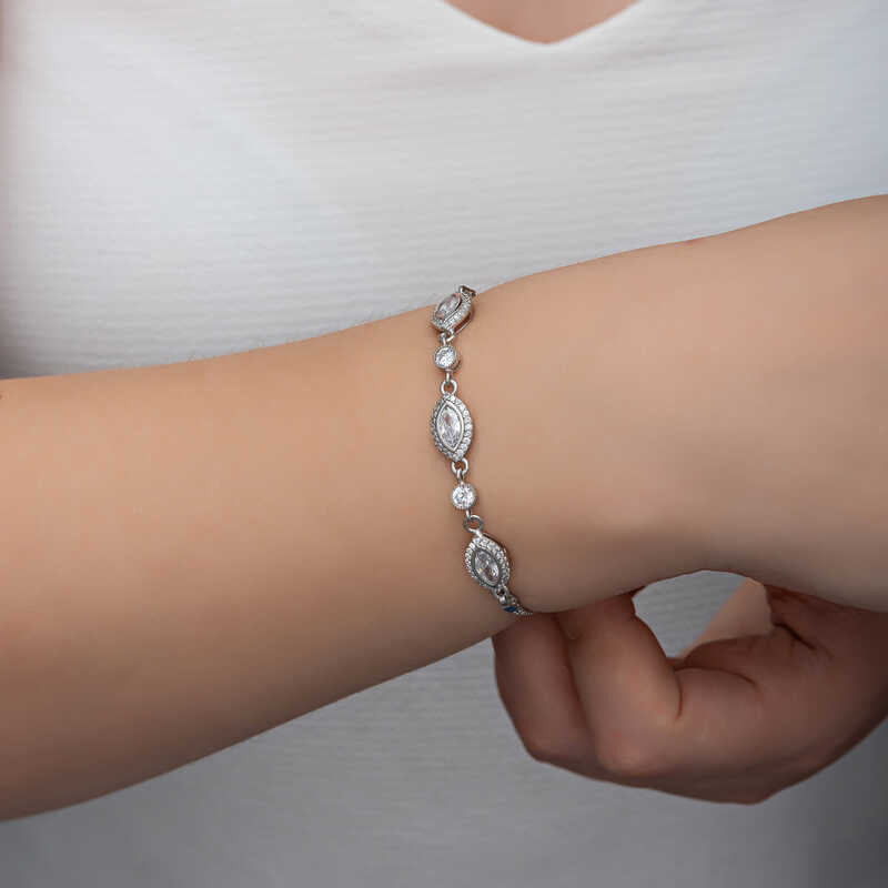 Sterling Silver Bracelet - Dazzling Zircon Marquise & Round Stones