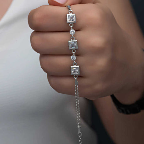 Sterling Silver - Dainty Square & Round Zirconia Bracelet