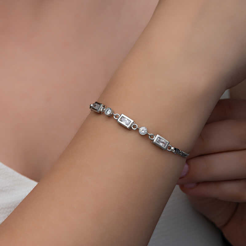 Silver Zirconia Bracelet - Elegant Baguette & Round Stone Design