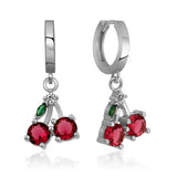 Sterling Silver Cherry Drop Hoop Earrings - Red & Green Zirconia