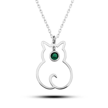 Sterling Silver Cat Outline Necklace - Green Birthstone Pendant