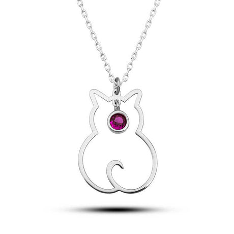 Sterling Silver Cat Outline Necklace - July Birthstone Design