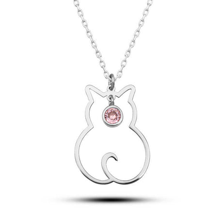 Cat Outline Necklace - Sterling Silver Pink Birthstone Charm