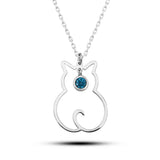 Necklace - Sterling Silver Cat Outline with March Birthstone