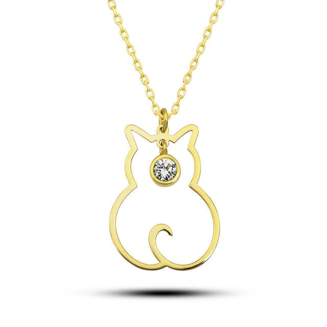 Gold-Tone Cat Silhouette Necklace - Cubic Zirconia Charm