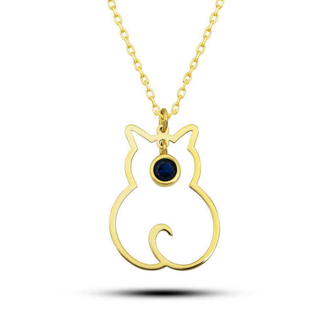 Gold-Tone Cat Outline Necklace - Dainty Sapphire Birthstone