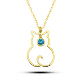 Gold-Tone Cat Silhouette Necklace with Sparkling Blue Gemstone