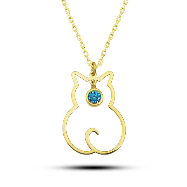Gold-Tone Cat Silhouette Necklace with Sparkling Blue Gemstone
