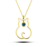 Cat Necklace - Gold-Tone Minimalist Silhouette with Blue Stone