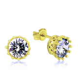 Stud Earrings - Gold Plated 925 Silver Crown Solitaire