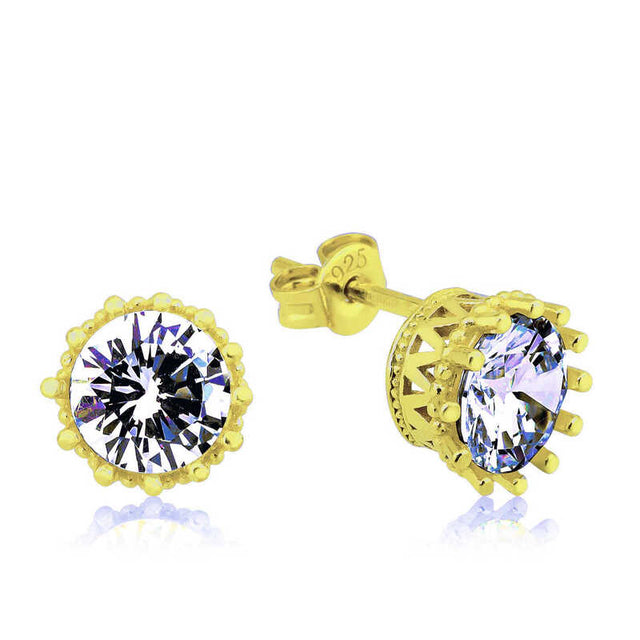 Stud Earrings - Gold Plated 925 Silver Crown Solitaire