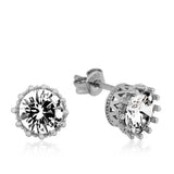 Stud Earrings - Sterling Silver Solitaire Crown Cubic Zirconia