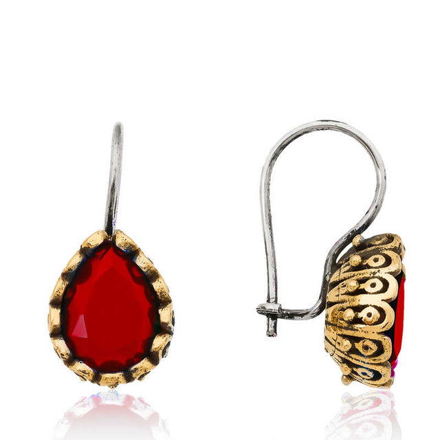 Drop Earrings - Red Teardrop Gemstone, Antique Gold & Silver-Tone