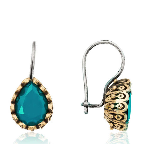 Turquoise Drop Earrings - Authentic Two-Tone Silver & Gold Style