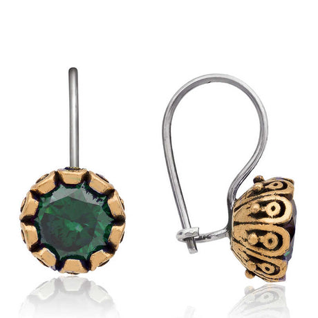 Women's Two-Tone Green Stone Dangle Earrings - Ornate Vintage Style