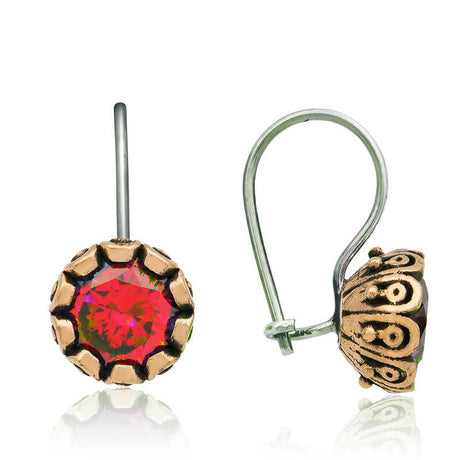 Red Stone Drop Earrings - Ornate Silver & Antique Gold-Tone