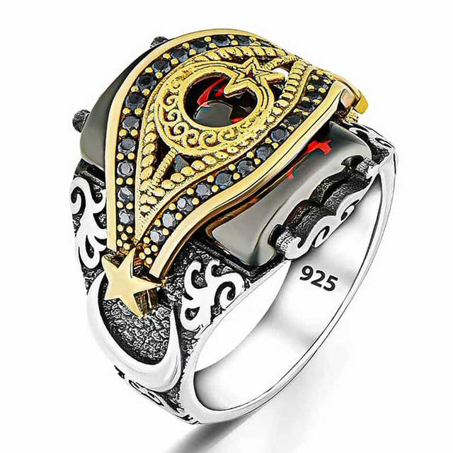 Sterling Silver Red Stone Crescent Star Men's Statement Ring