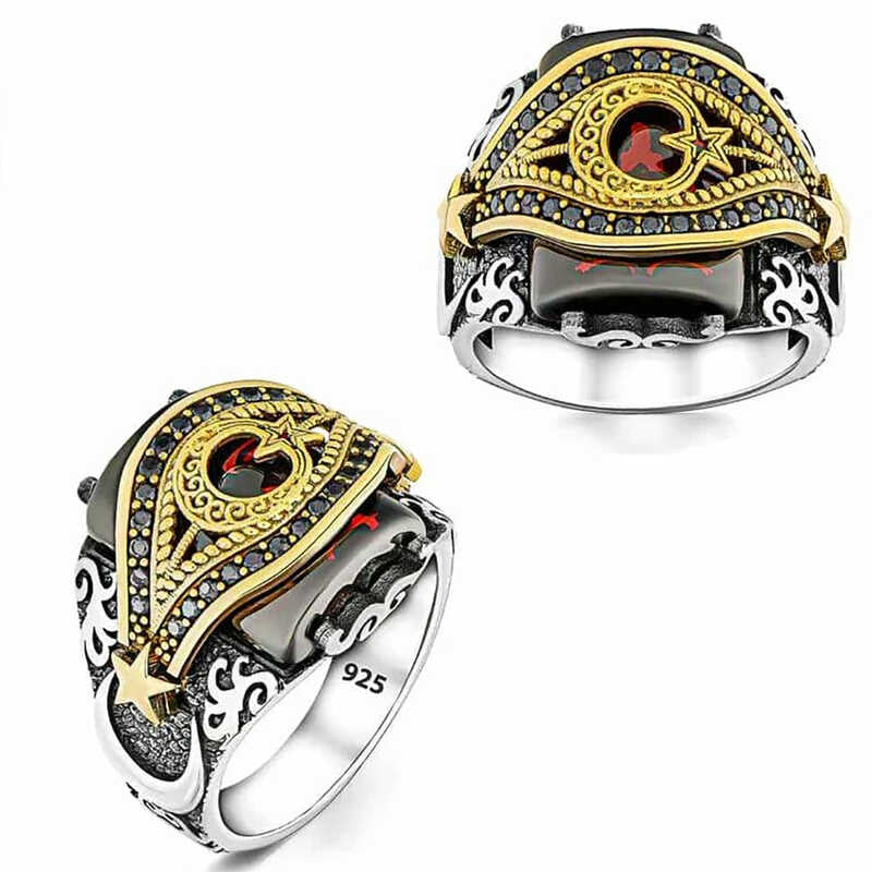 Sterling Silver Red Stone Crescent Star Men's Statement Ring