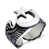 Adjustable Silver Crescent Moon Star Wing Men's Ring