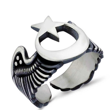 Adjustable Silver Crescent Moon Star Wing Men's Ring