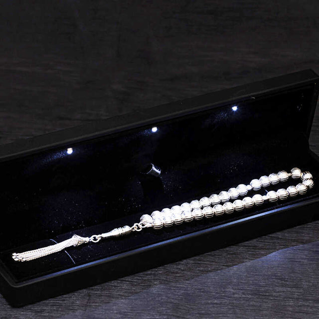 Tesbih - Sterling Silver Patterned Prayer Beads with Illuminated Box