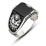 Premium Sterling Silver Onyx Ottoman Coat of Arms Men's Ring