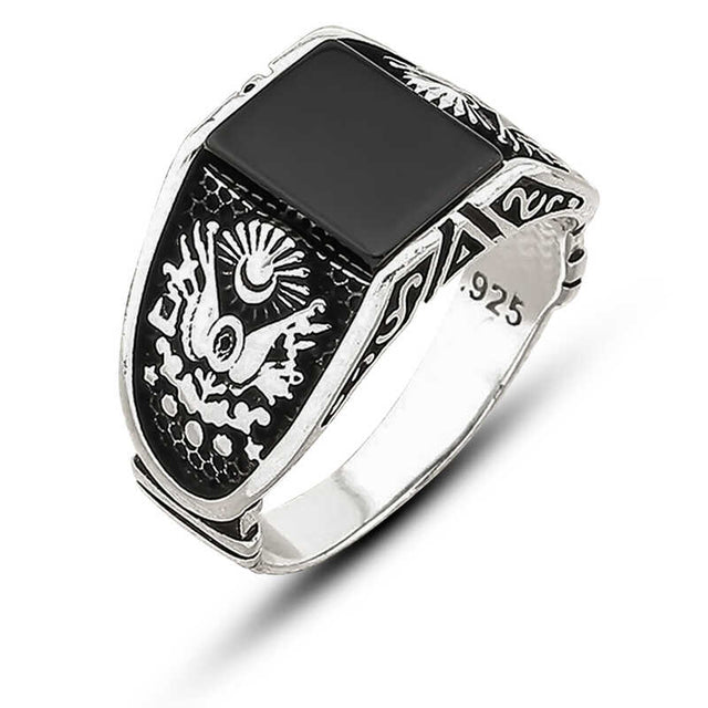 Premium Sterling Silver Onyx Ottoman Coat of Arms Men's Ring